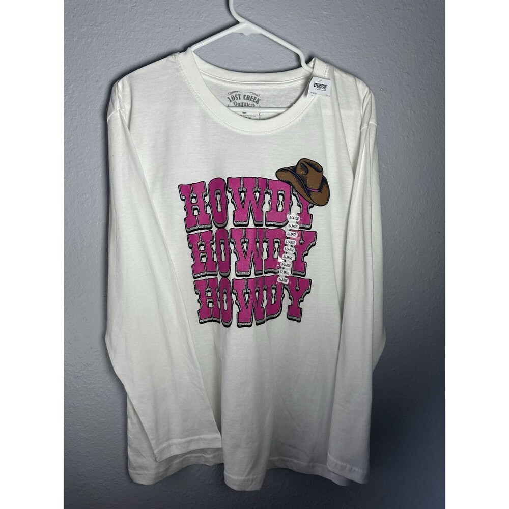 LOST CREEK Outfitters Women’s "Howdy" Long Sleeve Tee T-Shirt White Pink Sz XL